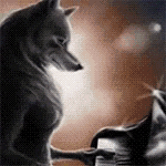 a wolf and a cat are standing next to each other .