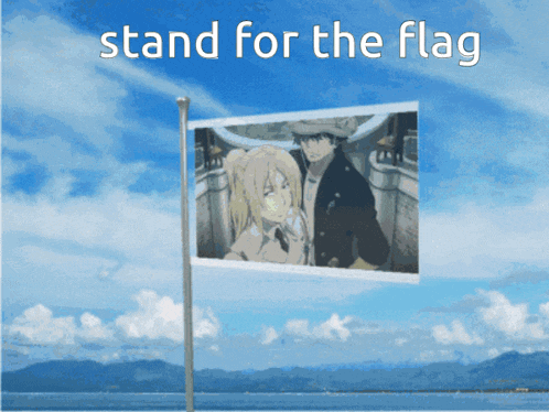 a flag with a picture of a man and a woman on it and the words stand for the flag