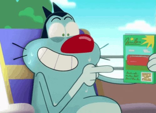 a cartoon cat with a red nose is pointing at a box of jumbos