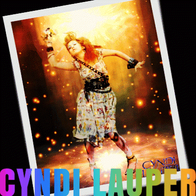a poster for cyndi lauper with a woman in a dress