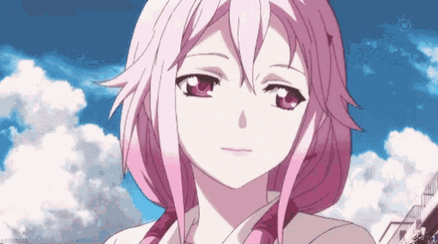 a girl with pink hair is looking at the camera with a blue sky in the background
