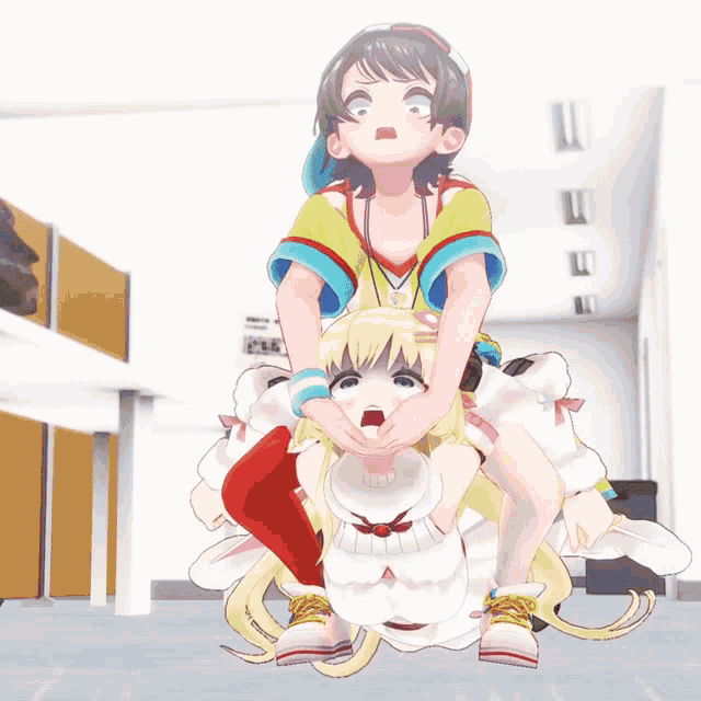a girl in a yellow shirt is riding another girl on her shoulders