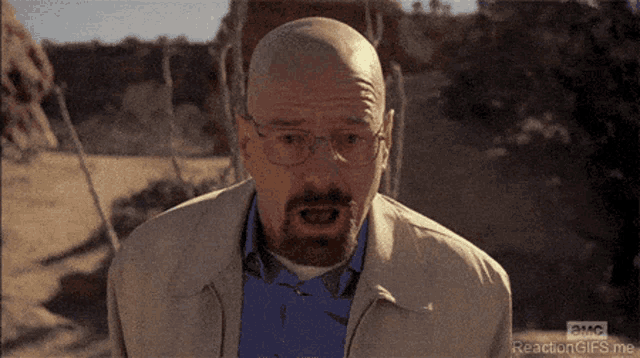 a bald man with glasses and a beard is standing in the desert