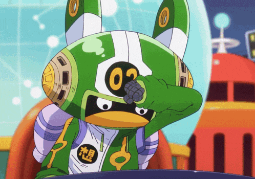 a green cartoon character with the number 03 on his helmet