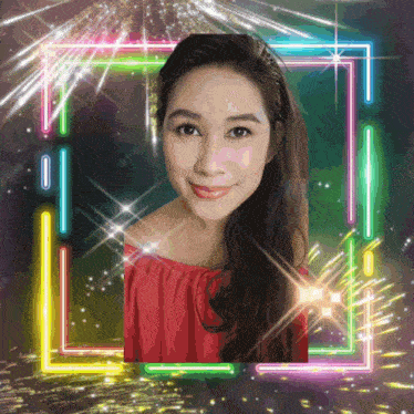 a woman in a red top is surrounded by colorful neon lights