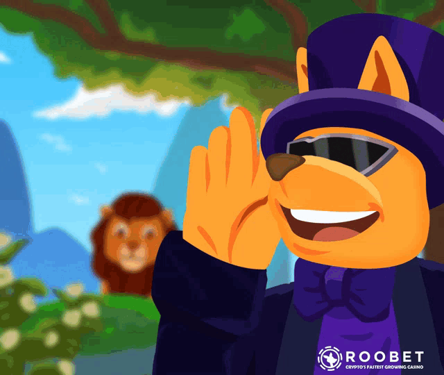 a cartoon of a cat wearing a top hat and sunglasses with the word roobet on the bottom