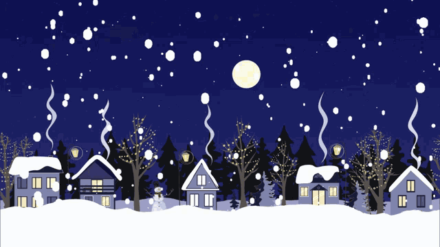an illustration of a snowy village with the word season written in the foreground