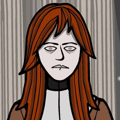 a cartoon drawing of a woman with long red hair and a serious look on her face