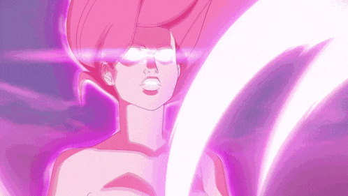 a cartoon of a woman with pink hair and white eyes holding a sword .