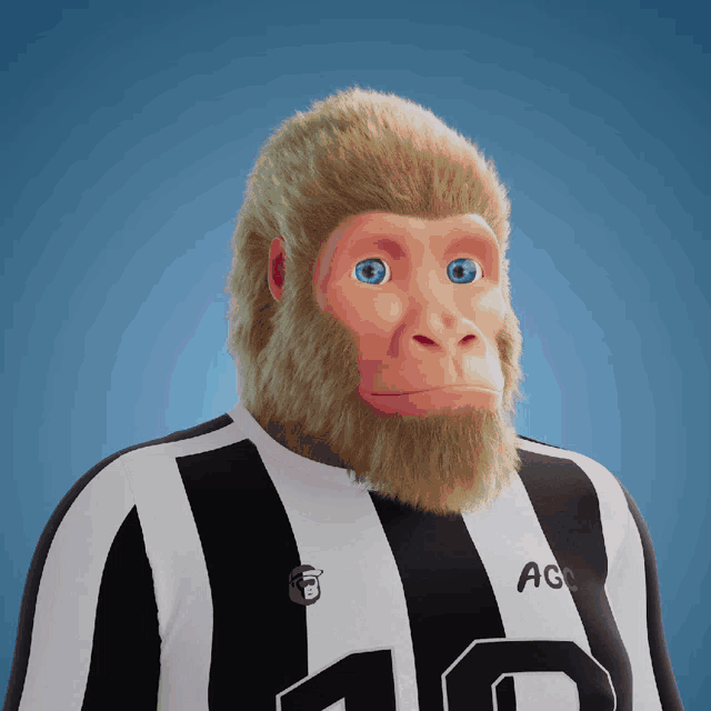 a monkey with blue eyes is wearing a black and white striped shirt with the number 10 on it