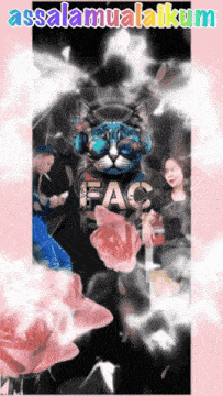 a poster with a cat wearing headphones and the word peace