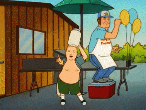 a cartoon of a man holding a bucket on his head while another man stands on a cooler .