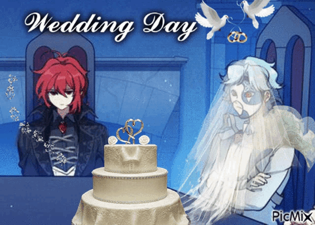 a picture of a wedding day with a bride and groom and a wedding cake