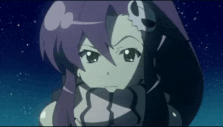 a girl with purple hair and a scarf around her neck looks at the camera