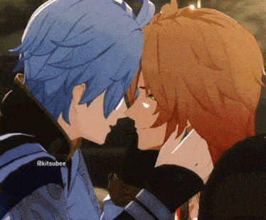 a couple of anime characters touching their noses with the name kitsubee visible in the corner