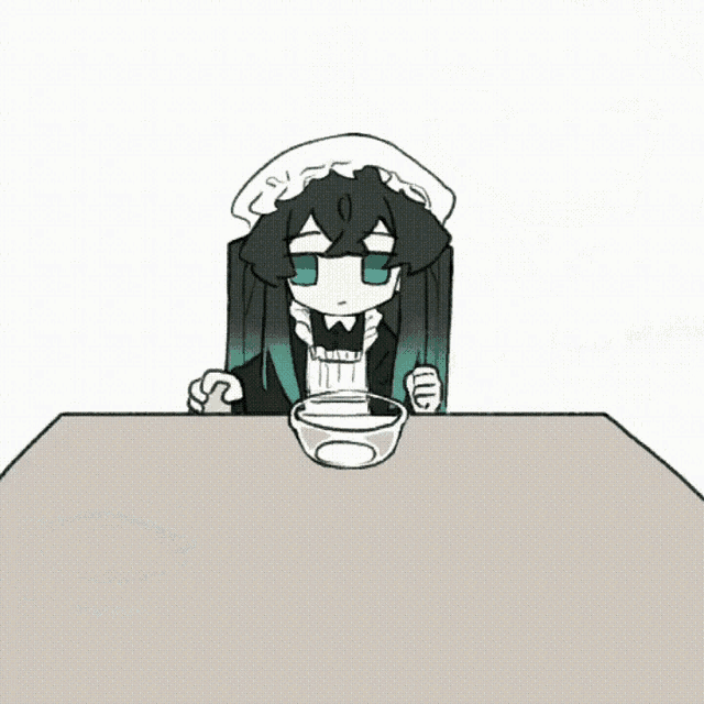 a drawing of a girl sitting at a table mixing something