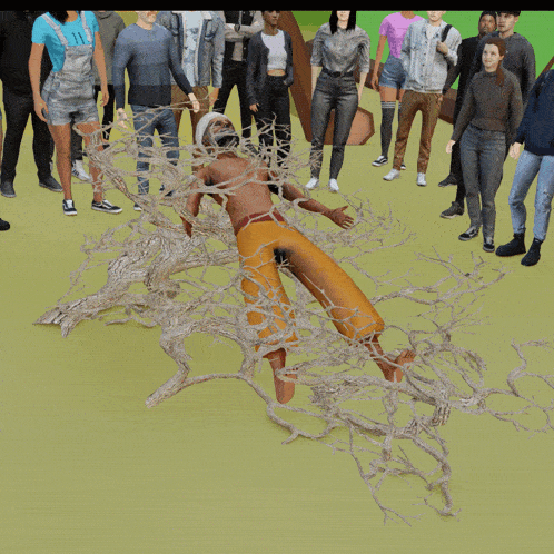 a group of people standing around a statue of a man