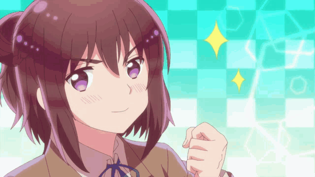 a girl with brown hair and purple eyes is giving a fist bump