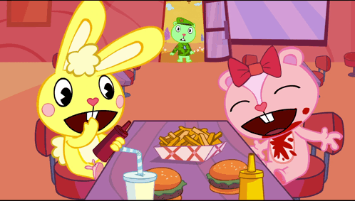 two cartoon characters are sitting at a table with hamburgers and fries