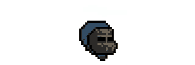 a pixel art drawing of a person wearing a mask and a blue hat .