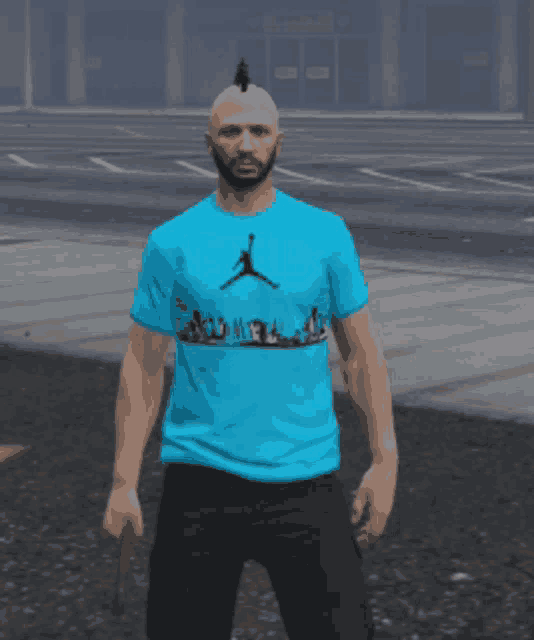 a bald man with a mohawk is wearing a blue t-shirt with a jordan logo