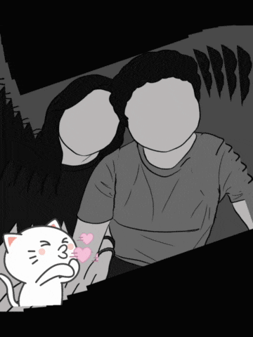 a black and white drawing of a man and woman with a cat holding a heart in front of them