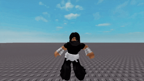 a cartoon character in a black shirt and black pants is standing on a gray tile floor