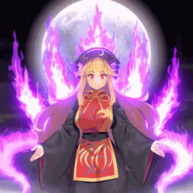 a girl in a kimono is surrounded by purple fire