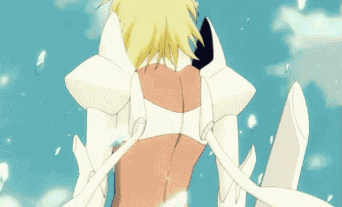 a woman with blonde hair and white armor is standing in front of a blue sky .