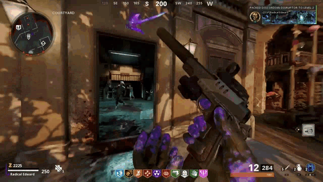 a video game is being played with a purple weapon