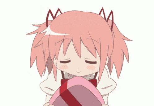 a girl with pink hair is holding a pink box with a red ribbon around it