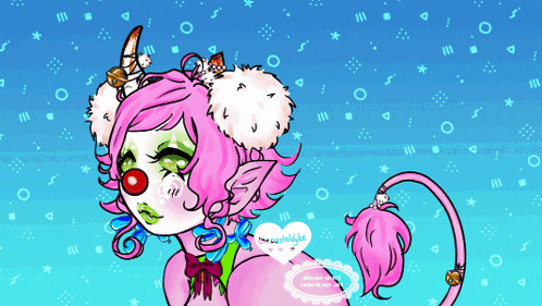 a drawing of a girl with pink hair and a red nose has a heart that says i love you