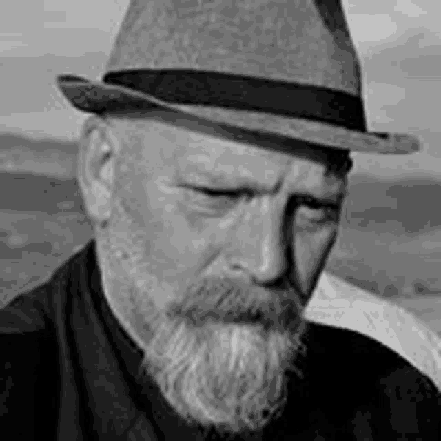 a man with a beard is wearing a hat and looking at the camera .