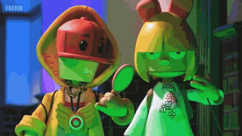 two cartoon characters standing next to each other with bbc written on the bottom right