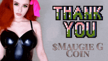 a woman with red hair stands in front of a thank you sign