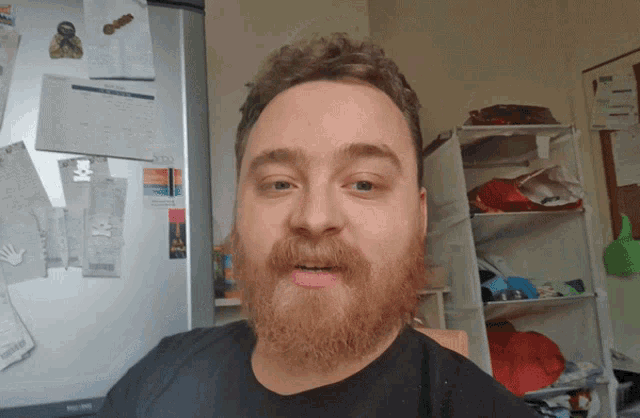 a man with a beard is smiling in front of a refrigerator with a calendar on it