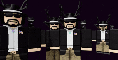a group of roblox characters standing next to each other with antlers on their hats