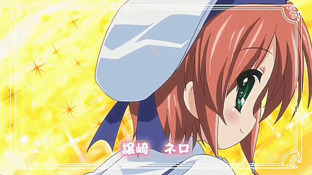 a girl with red hair is wearing a white hat with a blue ribbon