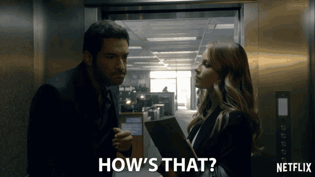 a netflix ad shows a man and a woman standing in an elevator