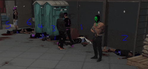 a man in a green mask stands in front of a group of people