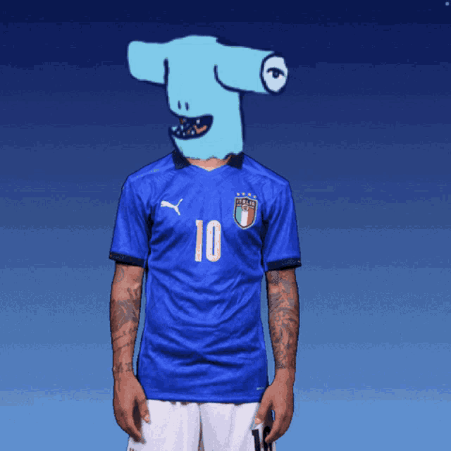 a man wearing a blue jersey with the number 10 on the front