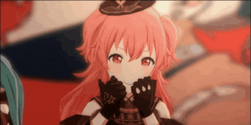 a girl with pink hair is wearing a hat and gloves and making a face .
