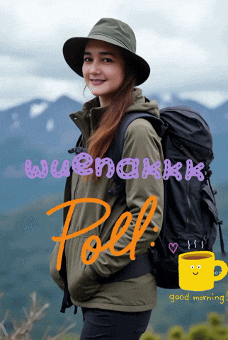 a woman wearing a hat and carrying a backpack with the word pol written on it