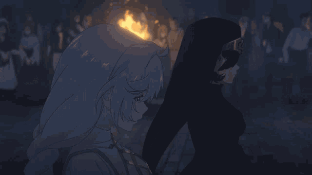 two anime characters are standing next to each other in front of a crowd of people