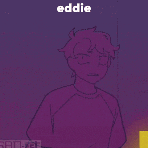a cartoon of a man standing next to a purple hoodie with the word eddie written on it .