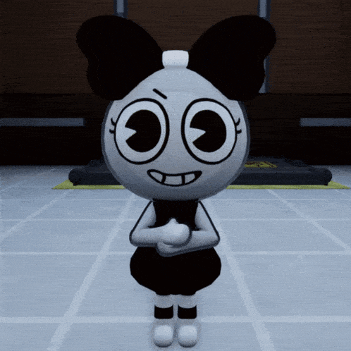 a black and white cartoon character with big eyes and a bow on her head