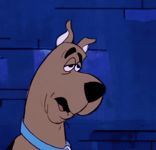 scooby doo is wearing a blue collar and looking at the camera with his eyes closed