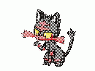 a pixel art drawing of a red and white striped pattern with yellow eyes .