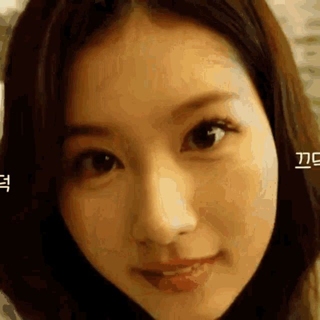a close up of a woman 's face with a foreign language on the bottom .