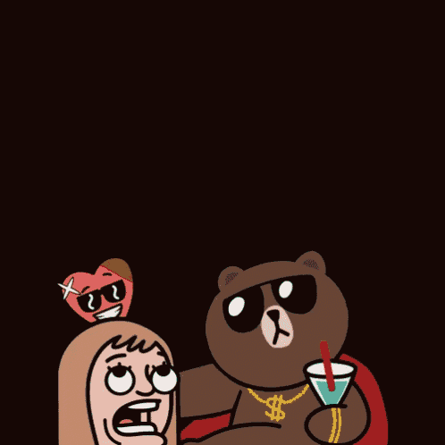 a cartoon of a man with a heart on his head and a teddy bear with money on his face